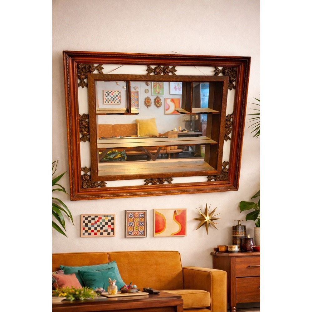 Vintage Mid Century Modern Illinois Moulding Co Shadow Box Mirror Wall Shelves
